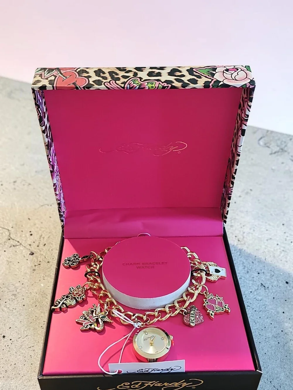 Ed Hardy  Nwt Gold Charm Bracelet Watch with Pink Enamel Accents